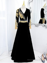 Black Velvet V-neck Long Sleeve Gold Beading Prom Dress